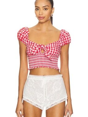 Love Shack Fancy Red Gingham Tie-Front Crop Top